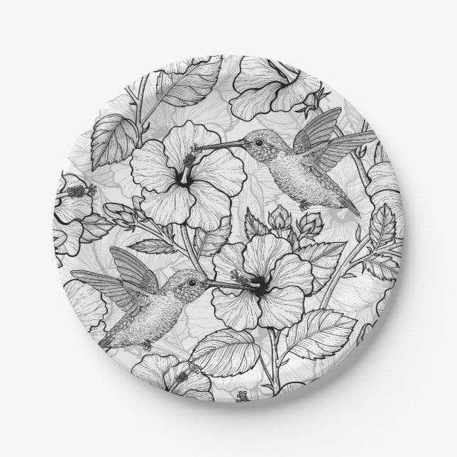 Hummingvögel und Hibiskus Blume b&w Pappteller (Vorderseite)