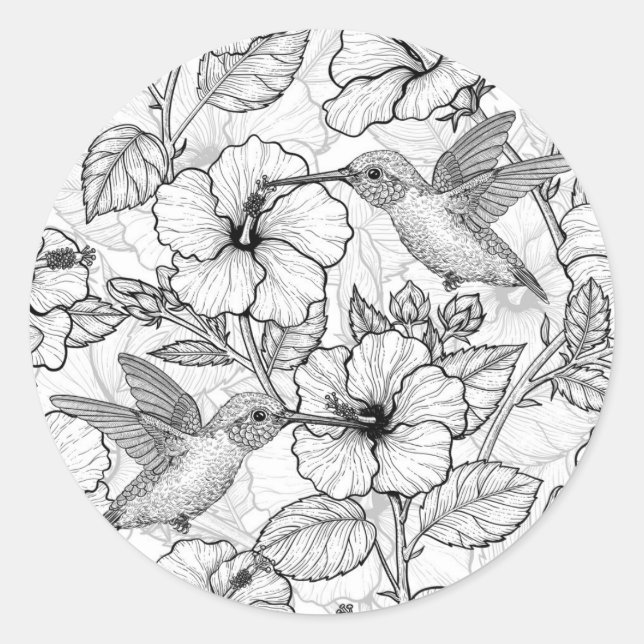 Hummingvögel und Hibiskus Blume b&w Runder Aufkleber (Vorderseite)