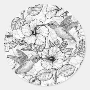 Hummingvögel und Hibiskus Blume b&w Runder Aufkleber