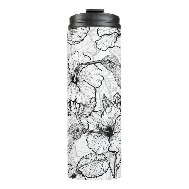 Hummingvögel und Hibiskus Blume b&w Thermosbecher (Vorderseite)