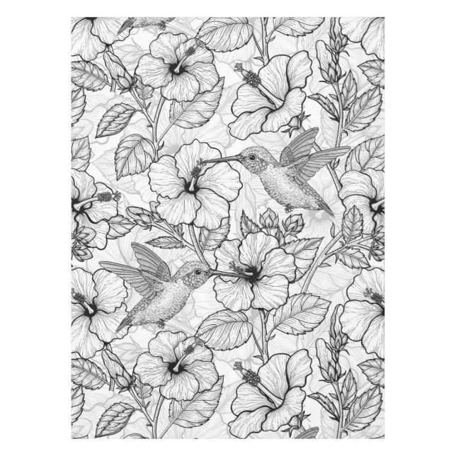Hummingvögel und Hibiskus Blume b&w Tischdecke (Vorderseite)