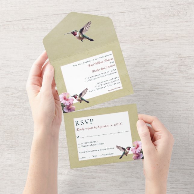 Hummingvogel und Hibiskus | Gelbe Hochzeit All In One Einladung (Abreißen)