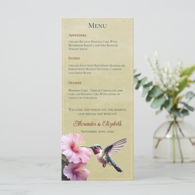 Hummingvogel und Hibiskus | Gelbe Hochzeit Menükarte (Stehend Vorderseite)