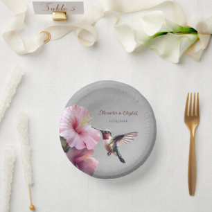 Hummingvogel und Hibiskus   Graue Hochzeit Pappteller
