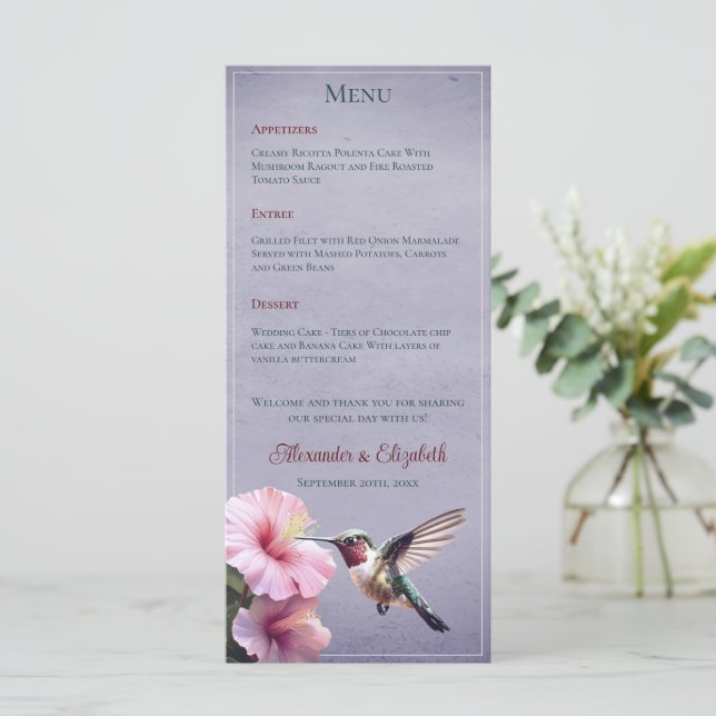 Hummingvogel und Hibiskus | Lila Hochzeit Menükarte (Stehend Vorderseite)