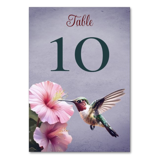 Hummingvogel und Hibiskus | Lila Hochzeit Tischnummer (Vorderseite)