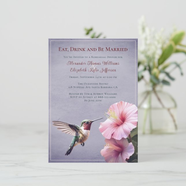 Hummingvogel und Hibiskus | Lila Probe Einladung (Stehend Vorderseite)