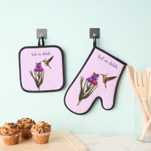 Hummingvogel und Iris-Blume Personalisiert Ofenhandschuh & Topflappen-Set (Insitu (Hängend))