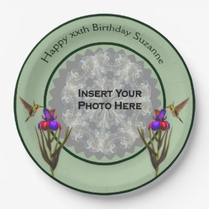 Hummingvogel und Iris Personalisiertes Foto Geburt Pappteller