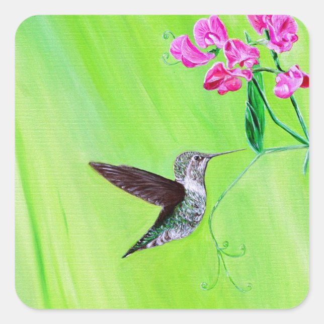 Hummingvogel und Platterbsen Malerei Quadratischer Aufkleber (Vorderseite)