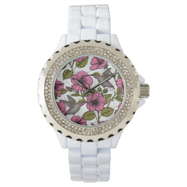 Hummingvögel und rosa Hibiskus Blume Armbanduhr (Vorderseite)