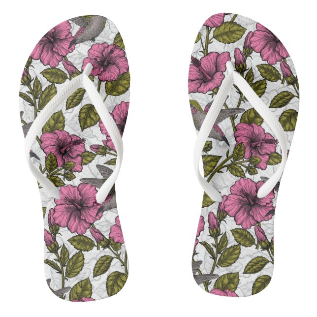 Hummingvögel und rosa Hibiskus Blume Flip Flops (Fußbett)