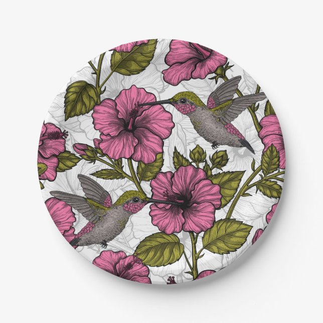 Hummingvögel und rosa Hibiskus Blume Pappteller (Vorderseite)