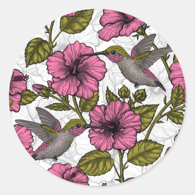 Hummingvögel und rosa Hibiskus Blume Runder Aufkleber (Vorderseite)