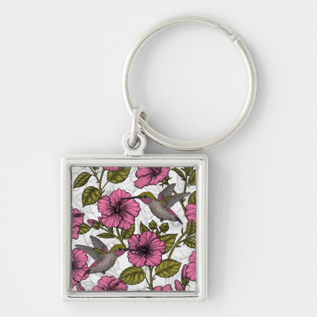 Hummingvögel und rosa Hibiskus Blume Schlüsselanhänger (Vorne)