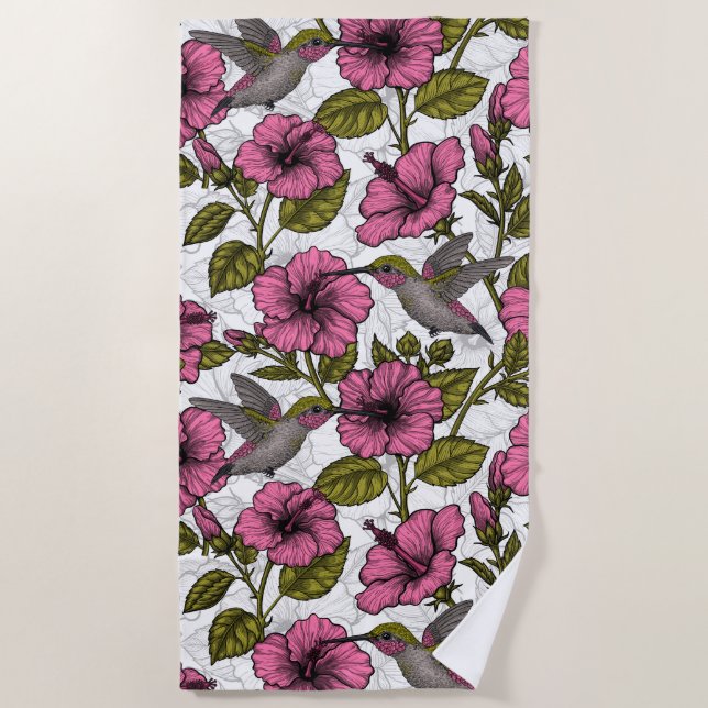 Hummingvögel und rosa Hibiskus Blume Strandtuch (Vorderseite)