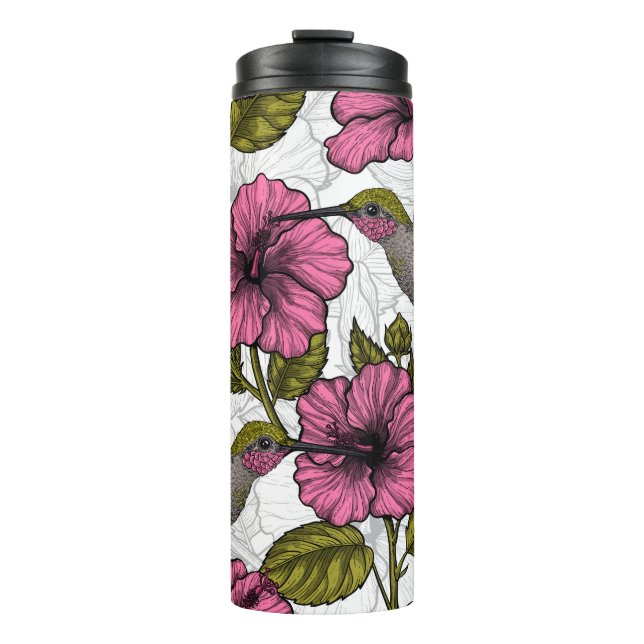 Hummingvögel und rosa Hibiskus Blume Thermosbecher (Vorderseite)