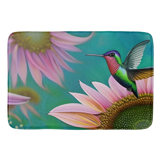 Hummingvogel und rosa Sonnenblumen Badematte (Vorderseite)