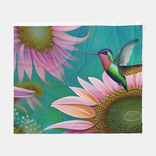 Hummingvogel und rosa Sonnenblumen Fleecedecke (Vorderseite (Horizontal))