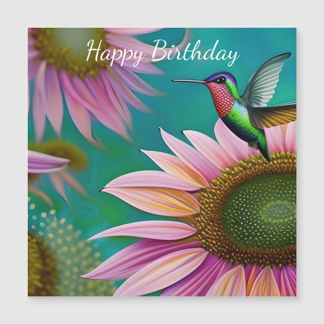 Hummingvogel und rosa Sonnenblumen Magnetkarte (Vorderseite)