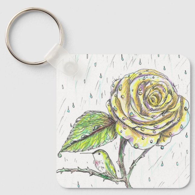 Hummingvogel und Rose im Regen Zeichnend Schlüssel Schlüsselanhänger (Vorderseite)