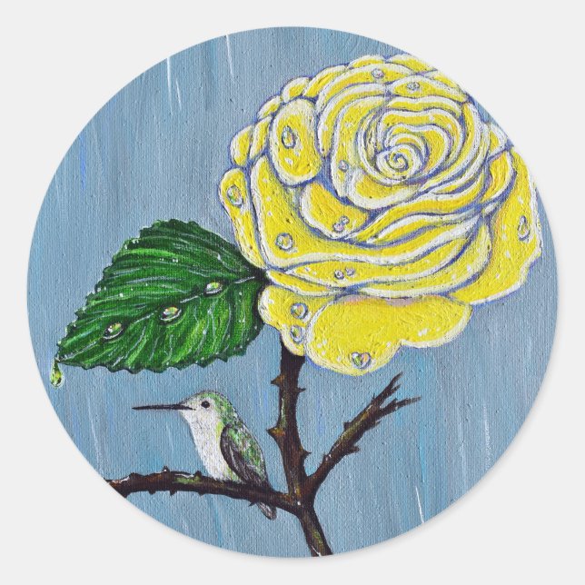 Hummingvogel und Rose in Regenschmerzen Runder Aufkleber (Vorderseite)