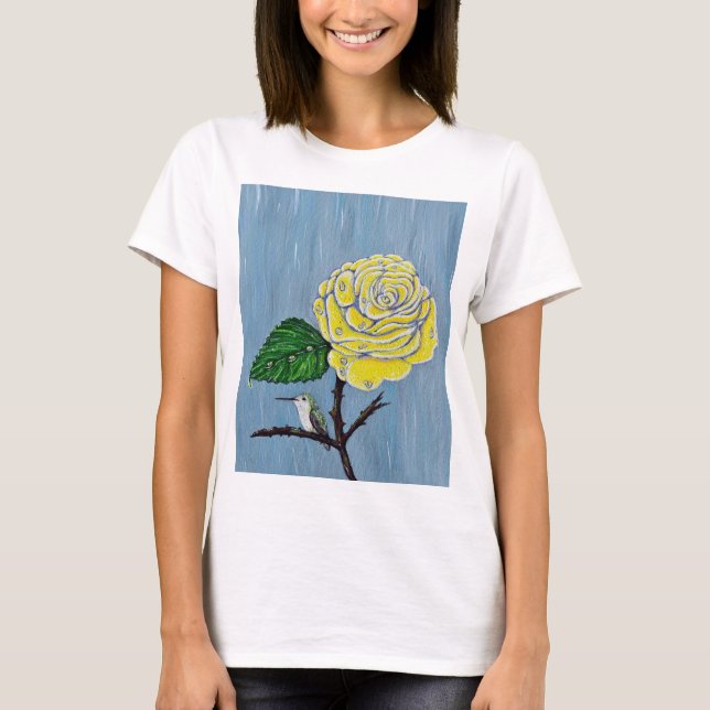 Hummingvogel und Rose in Regenschmerzen T-Shirt (Vorderseite)
