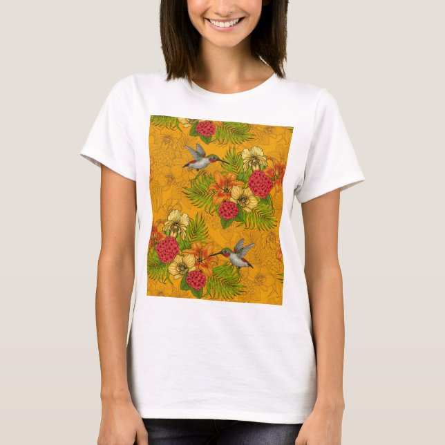 Hummingvögel und tropischer Strauß auf Grün T-Shirt (Vorderseite)