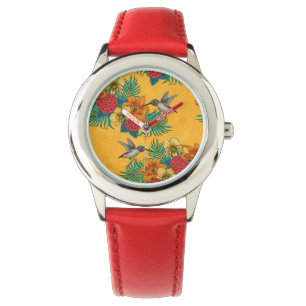 Hummingvögel und tropischer Strauß in Gelb Armbanduhr