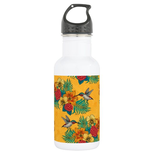 Hummingvögel und tropischer Strauß in Gelb Edelstahlflasche (Vorderseite)