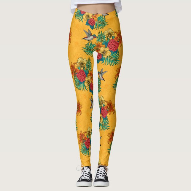 Hummingvögel und tropischer Strauß in Gelb Leggings (Vorderseite)