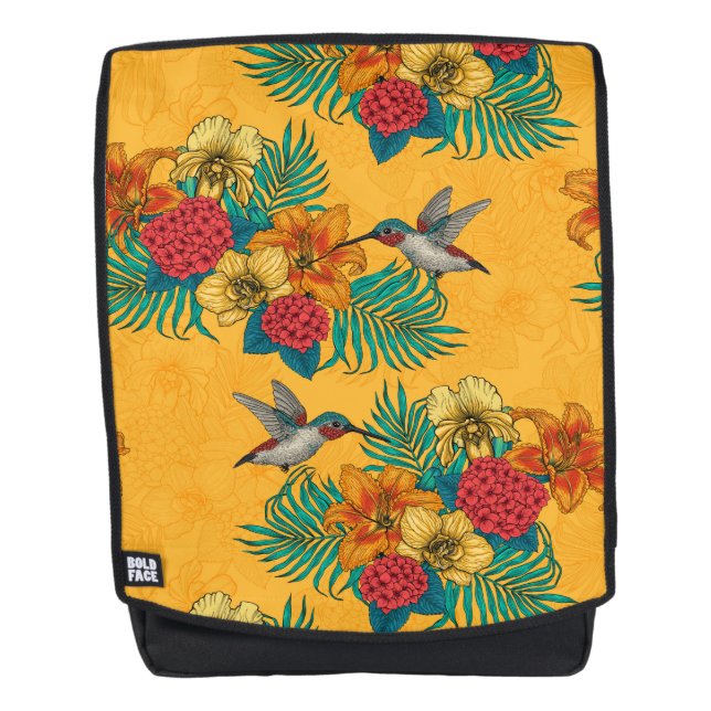 Hummingvögel und tropischer Strauß in Gelb Rucksack (Vorderseite)