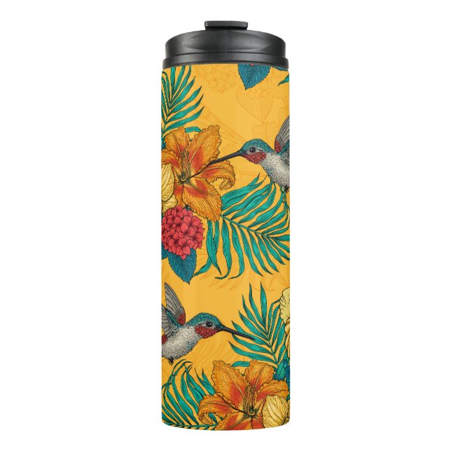 Hummingvögel und tropischer Strauß in Gelb Thermosbecher (Vorderseite)