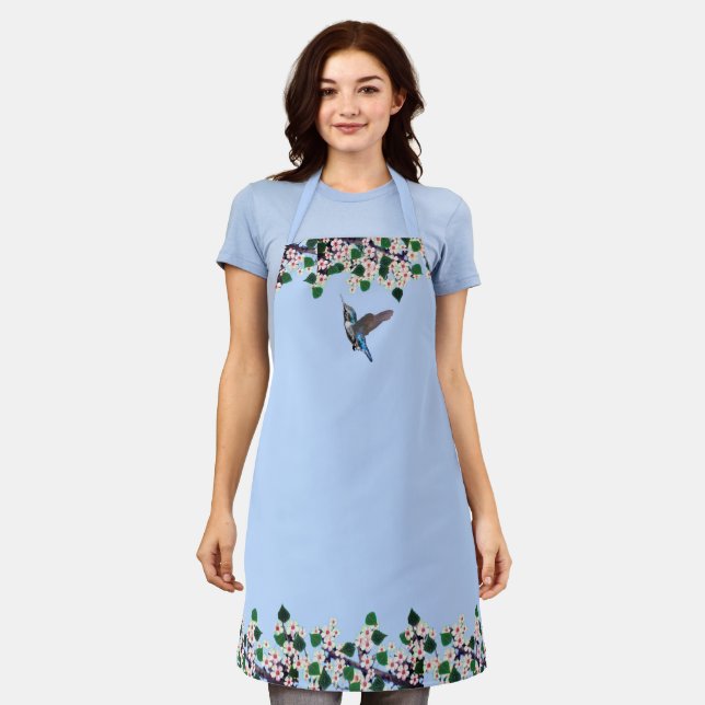 Hummingvogel und weiße Blume auf hellblau Schürze (Getragen)