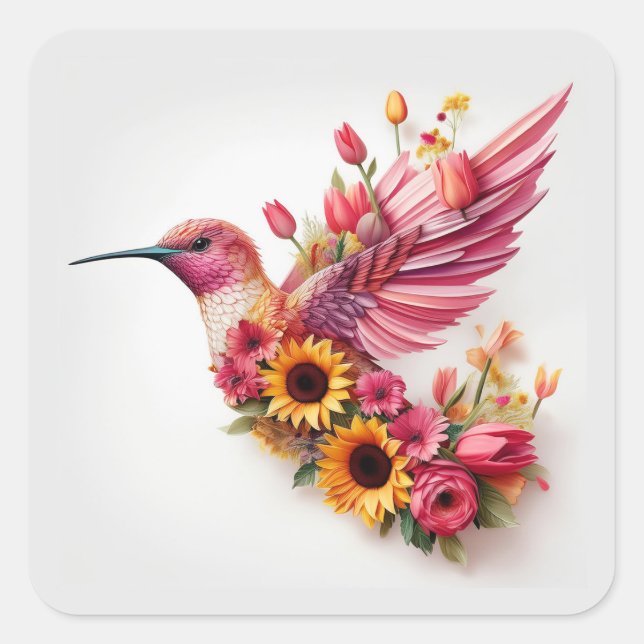 Hummvogel, der mit Blume fliegt Quadratischer Aufkleber (Vorderseite)