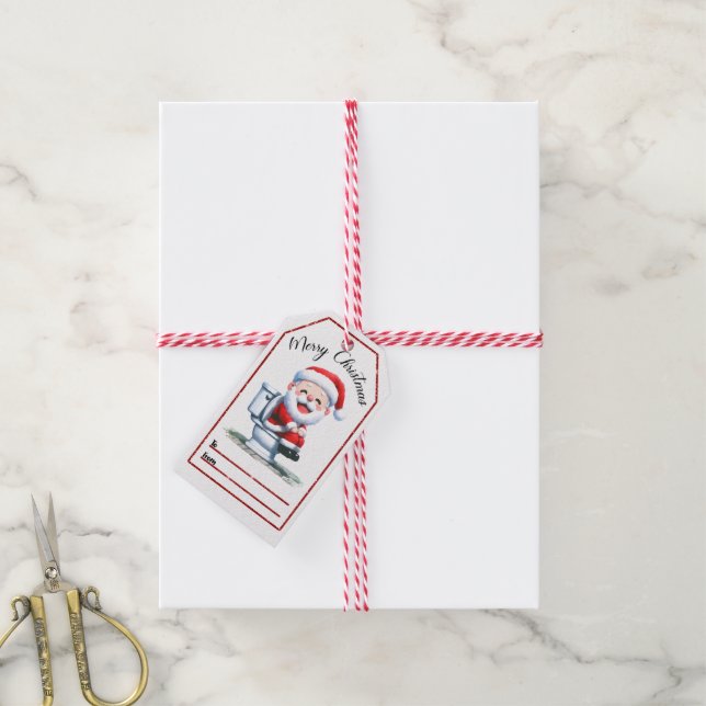 Humorale Weihnachtsmarke mit Weihnachtsgeschenk au Geschenkanhänger (Mit Garn)