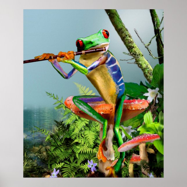 Humoraler Baumfrosch, der Flute spielt Poster (Vorne)