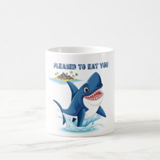 Humoraler Cartoon-Hai mit bedrohlichem Text-Coffe Kaffeetasse