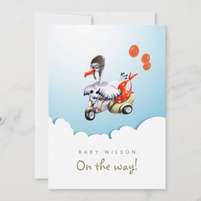 Humoraler Storch auf Scooter Orange Gender Neutral Einladung (Vorderseite)