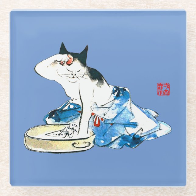 Humore japanische Katzenbäder II Glasuntersetzer (Vorderseite)