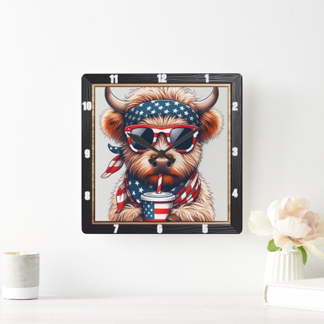 Humore Patriotic Highland Cow Quadratische Wanduhr (Zuhause)