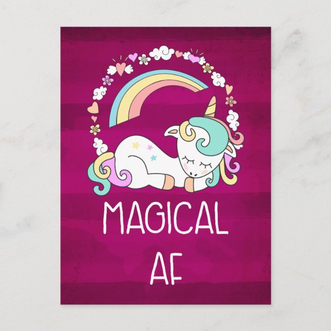 Humorvolle Einhorn-Zauber-AF auf dunkelrotem Muste Postkarte (Vorderseite)