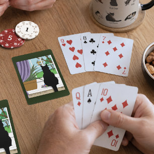 Humorvolle Grüne Neugierige Schwarze Katze Fenster Spielkarten