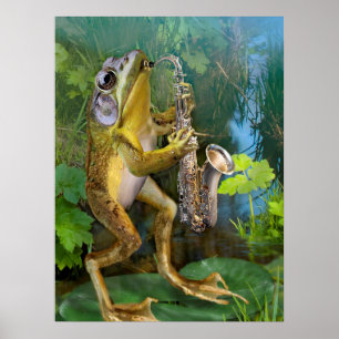 Humorvoller Frosch, der Saxophon ausübt Poster