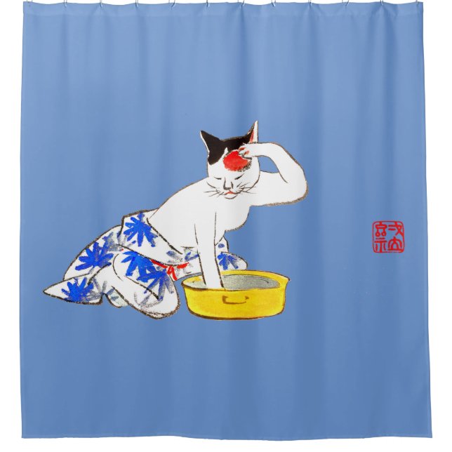 Humorvolles japanisches Katzenbaden I Duschvorhang (Vorderseite)