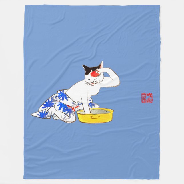 Humorvolles japanisches Katzenbaden I Fleecedecke (Vorderseite)