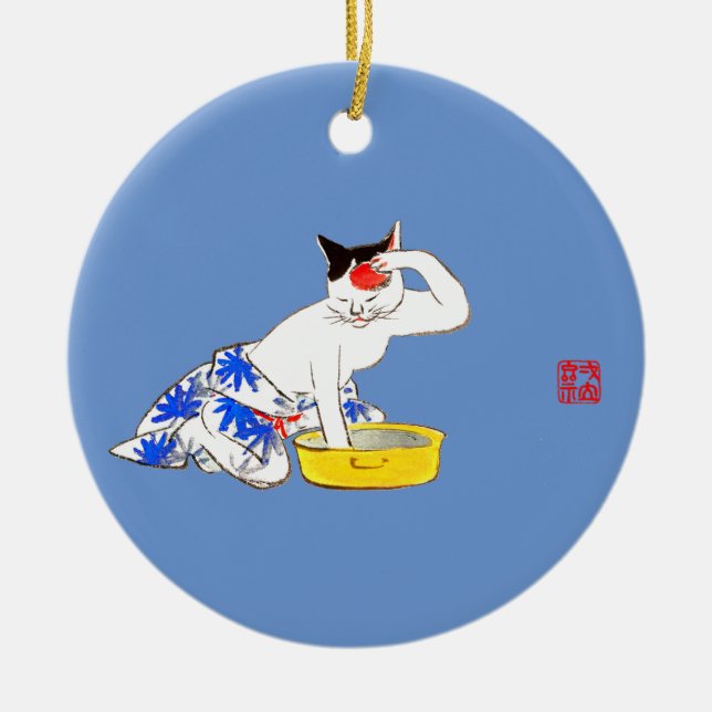 Humorvolles japanisches Katzenbaden I Keramik Ornament (Vorne)