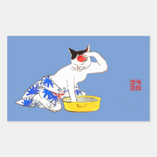 Humorvolles japanisches Katzenbaden I Rechteckiger Aufkleber