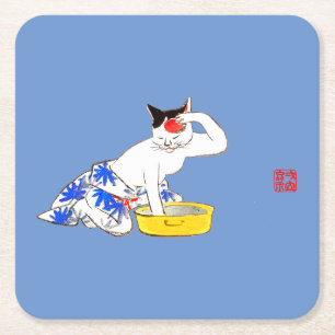 Humorvolles japanisches Katzenbaden I Rechteckiger Pappuntersetzer