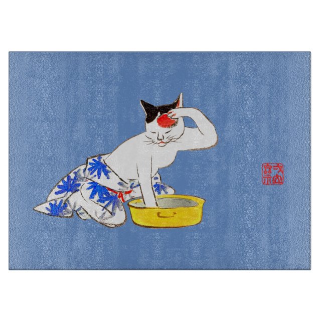 Humorvolles japanisches Katzenbaden I Schneidebrett (Vorderseite)